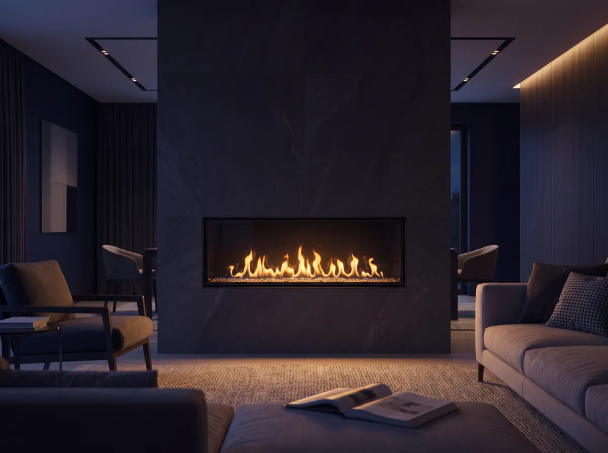 A modern linear gas fireplace in a living room