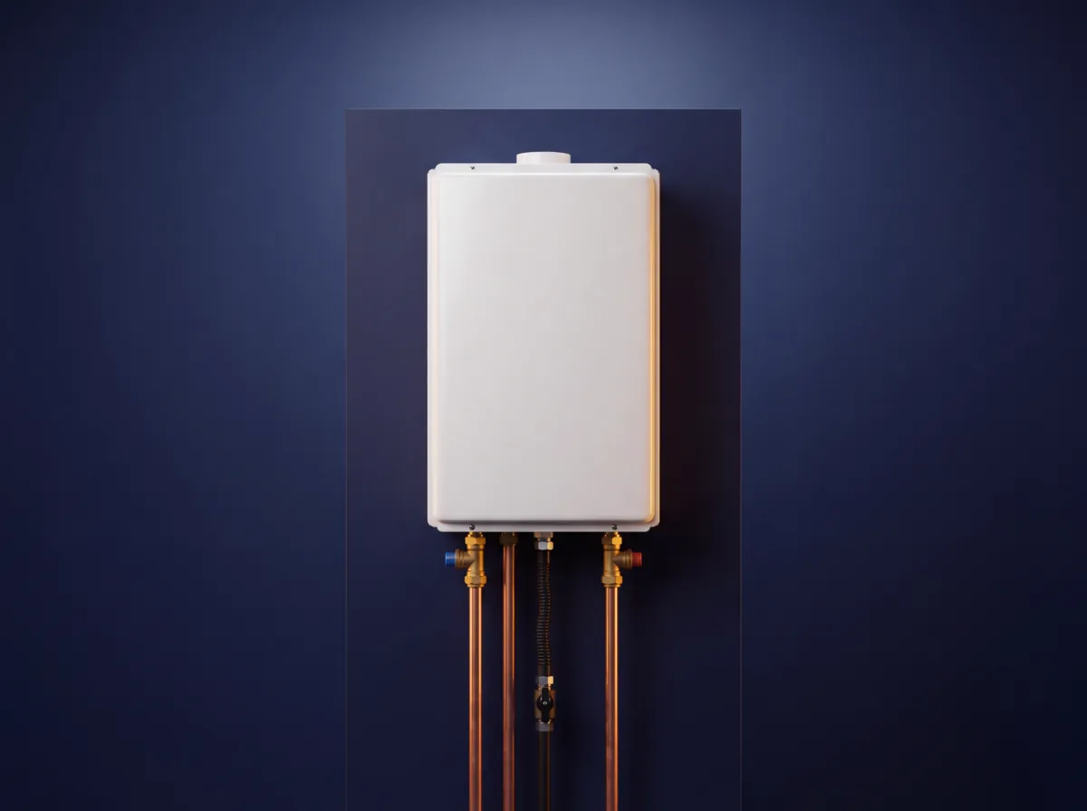 A wall-mounted tankless water heater with copper lines